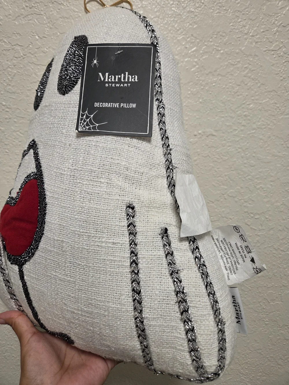 Martha Stewart White Ghost Decorative Pillow with Red Wine Design